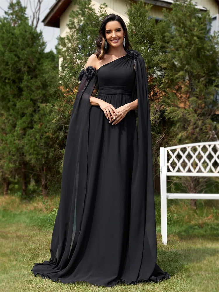 Elegant Dresses- Draping Chiffon One-Shoulder Gown for Elegant Evenings- Black- Pekosa Women Fashion