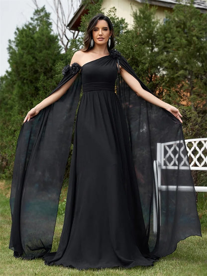 Elegant Dresses- Draping Chiffon One-Shoulder Gown for Elegant Evenings- - Pekosa Women Fashion