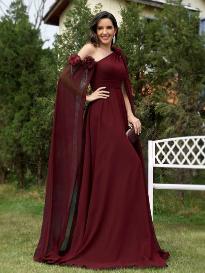 Elegant Dresses- Draping Chiffon One-Shoulder Gown for Elegant Evenings- - Pekosa Women Fashion