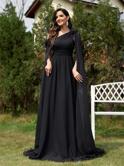 Elegant Dresses- Draping Chiffon One-Shoulder Gown for Elegant Evenings- - Pekosa Women Fashion