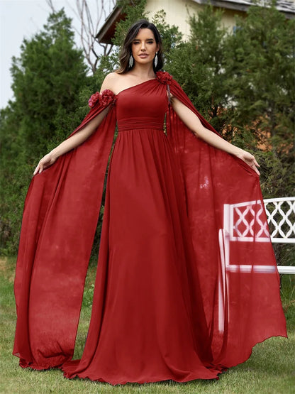 Elegant Dresses- Draping Chiffon One-Shoulder Gown for Elegant Evenings- Red- Pekosa Women Fashion