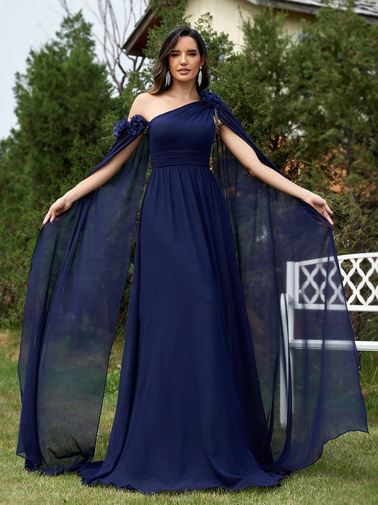 Elegant Dresses- Draping Chiffon One-Shoulder Gown for Elegant Evenings- Navy Blue- Pekosa Women Fashion