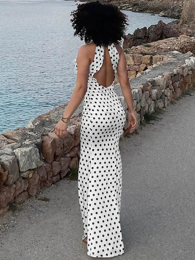 Elegant Dresses- Women's Wedding Mermaid Maxi Dress with Polka Dot Halter- - Pekosa Women Fashion