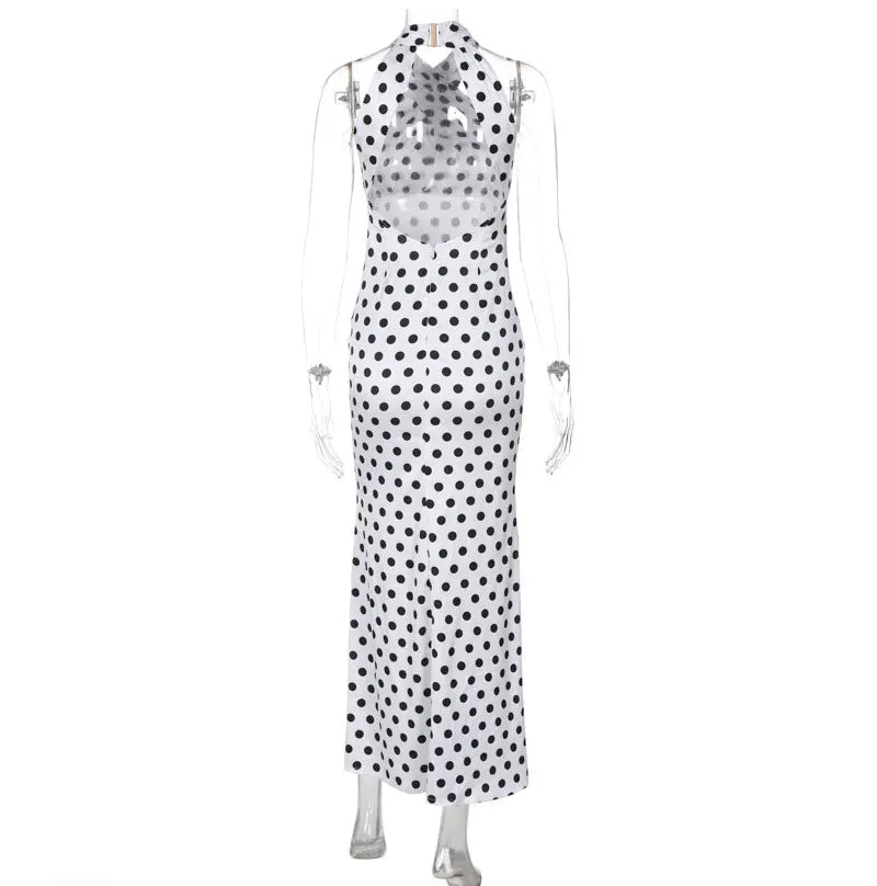 Elegant Dresses- Women's Wedding Mermaid Maxi Dress with Polka Dot Halter- - Pekosa Women Fashion