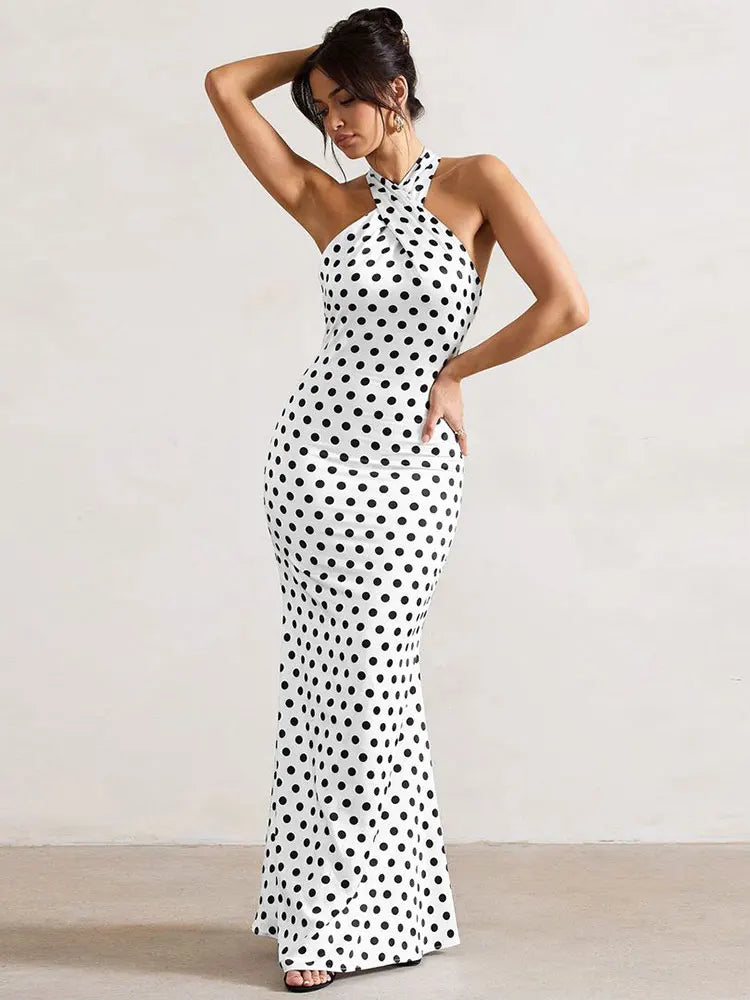 Elegant Dresses- Women's Wedding Mermaid Maxi Dress with Polka Dot Halter- - Pekosa Women Fashion