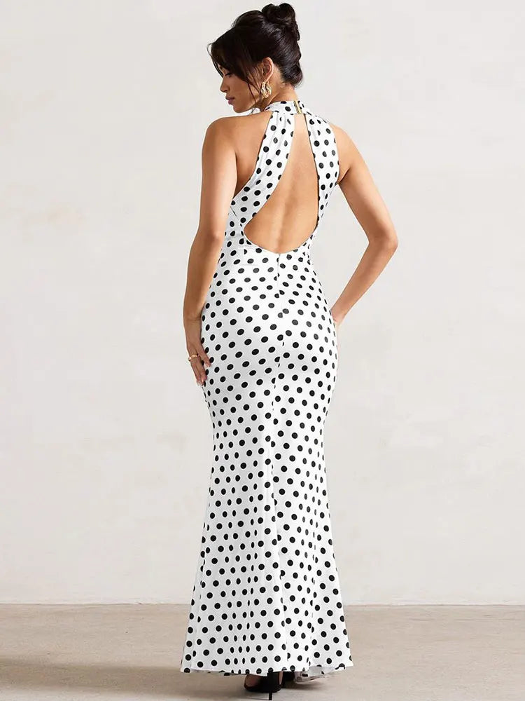 Elegant Dresses- Women's Wedding Mermaid Maxi Dress with Polka Dot Halter- - Pekosa Women Fashion