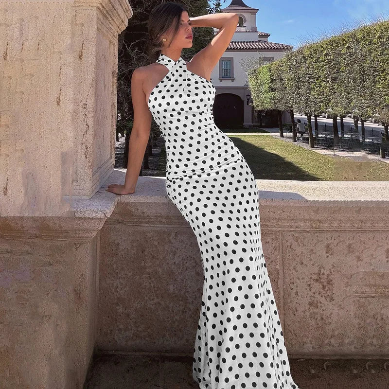 Elegant Dresses- Women's Wedding Mermaid Maxi Dress with Polka Dot Halter- White- Pekosa Women Fashion