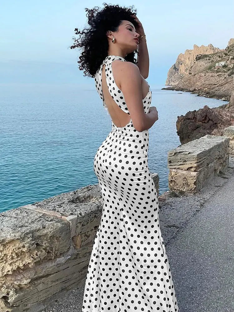 Elegant Dresses- Women's Wedding Mermaid Maxi Dress with Polka Dot Halter- - Pekosa Women Fashion