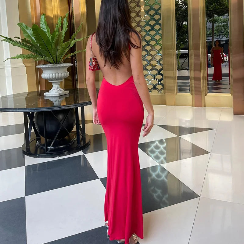 Elegant Dresses- Red Evening Gown with Elegant Details for Weddings and Galas- - Pekosa Women Fashion