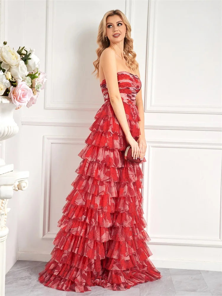 Elegant Dresses- Prom Night Red Floral Tiered Chiffon Dress for Prom- - Pekosa Women Fashion