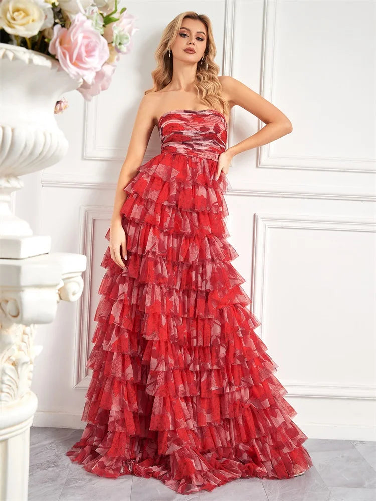 Elegant Dresses- Prom Night Red Floral Tiered Chiffon Dress for Prom- - Pekosa Women Fashion