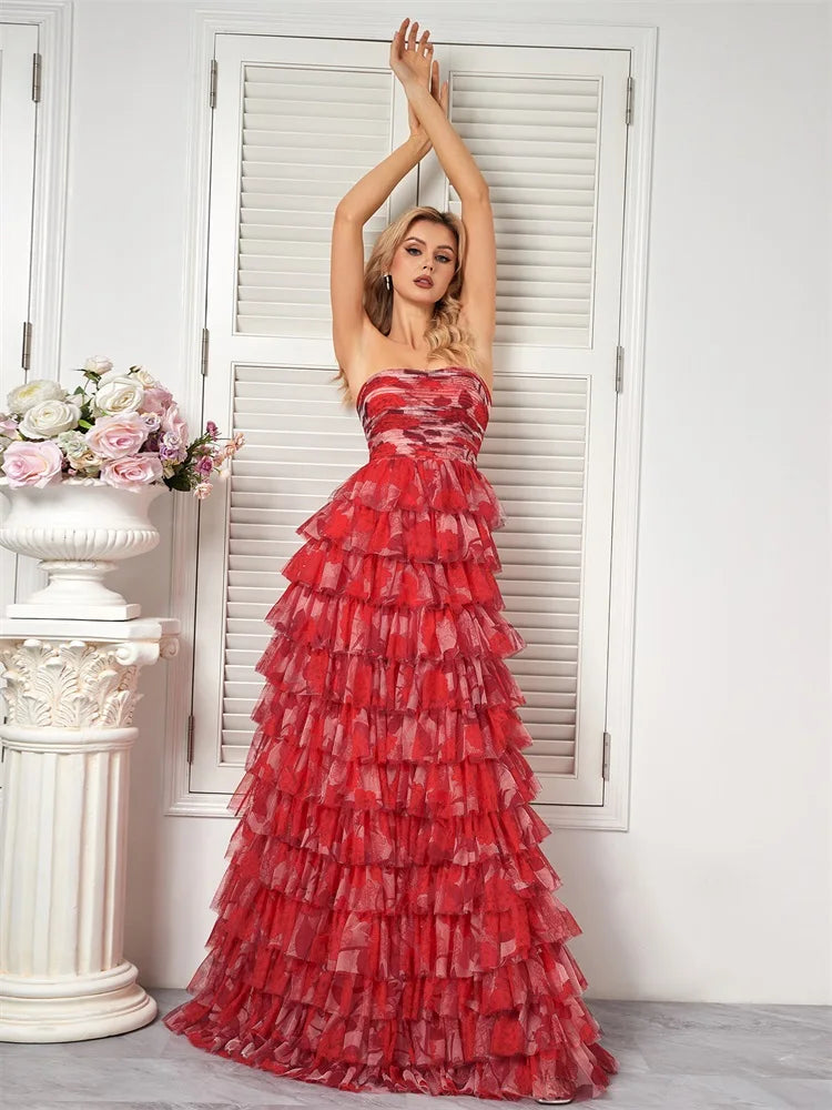 Elegant Dresses- Prom Night Red Floral Tiered Chiffon Dress for Prom- - Pekosa Women Fashion