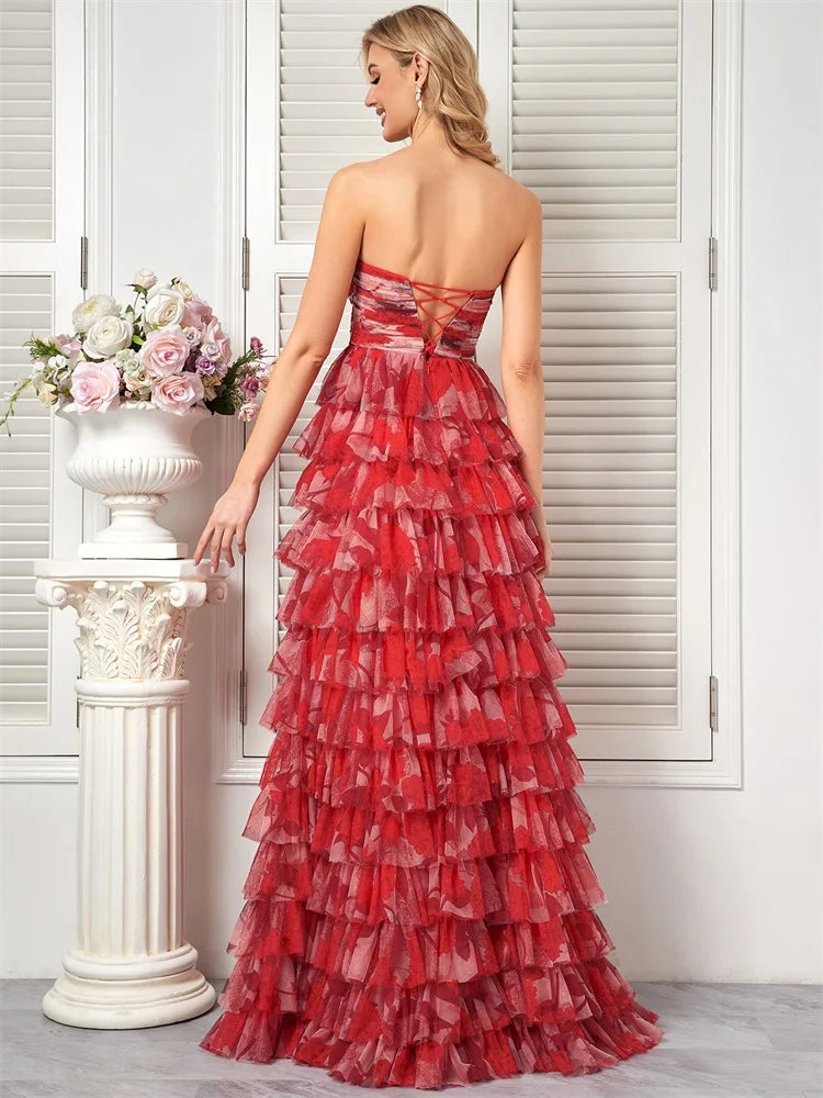 Elegant Dresses- Prom Night Red Floral Tiered Chiffon Dress for Prom- - Pekosa Women Fashion