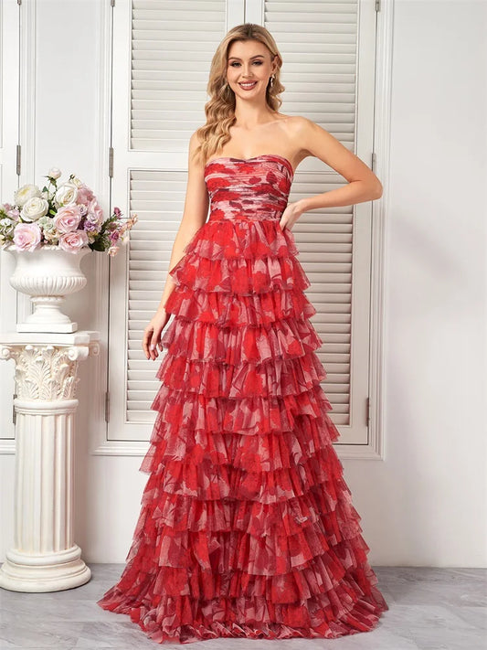 Elegant Dresses- Prom Night Red Floral Tiered Chiffon Dress for Prom- - Pekosa Women Fashion