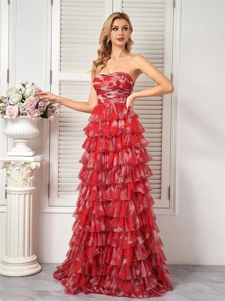 Elegant Dresses- Prom Night Red Floral Tiered Chiffon Dress for Prom- Red- Pekosa Women Fashion