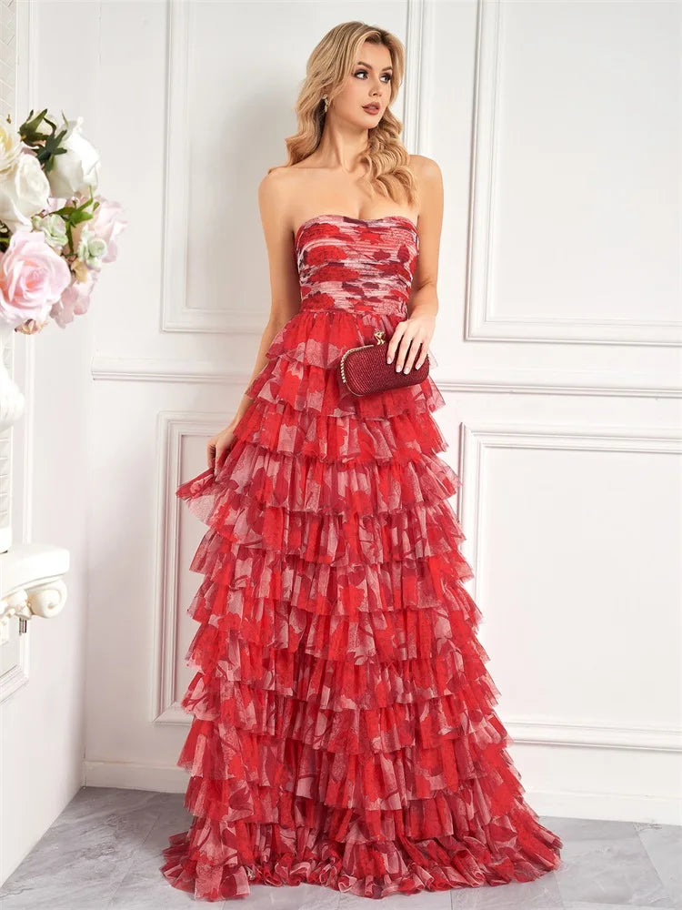 Elegant Dresses- Prom Night Red Floral Tiered Chiffon Dress for Prom- - Pekosa Women Fashion