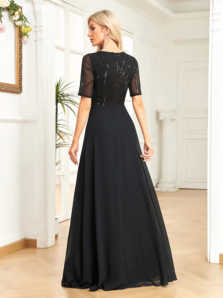 Elegant Dresses- Mesh-Sleeved A-Line Gown - Floor-Length Sequin Dress- - Pekosa Women Fashion