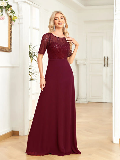 Elegant Dresses- Mesh-Sleeved A-Line Gown - Floor-Length Sequin Dress- - Pekosa Women Fashion