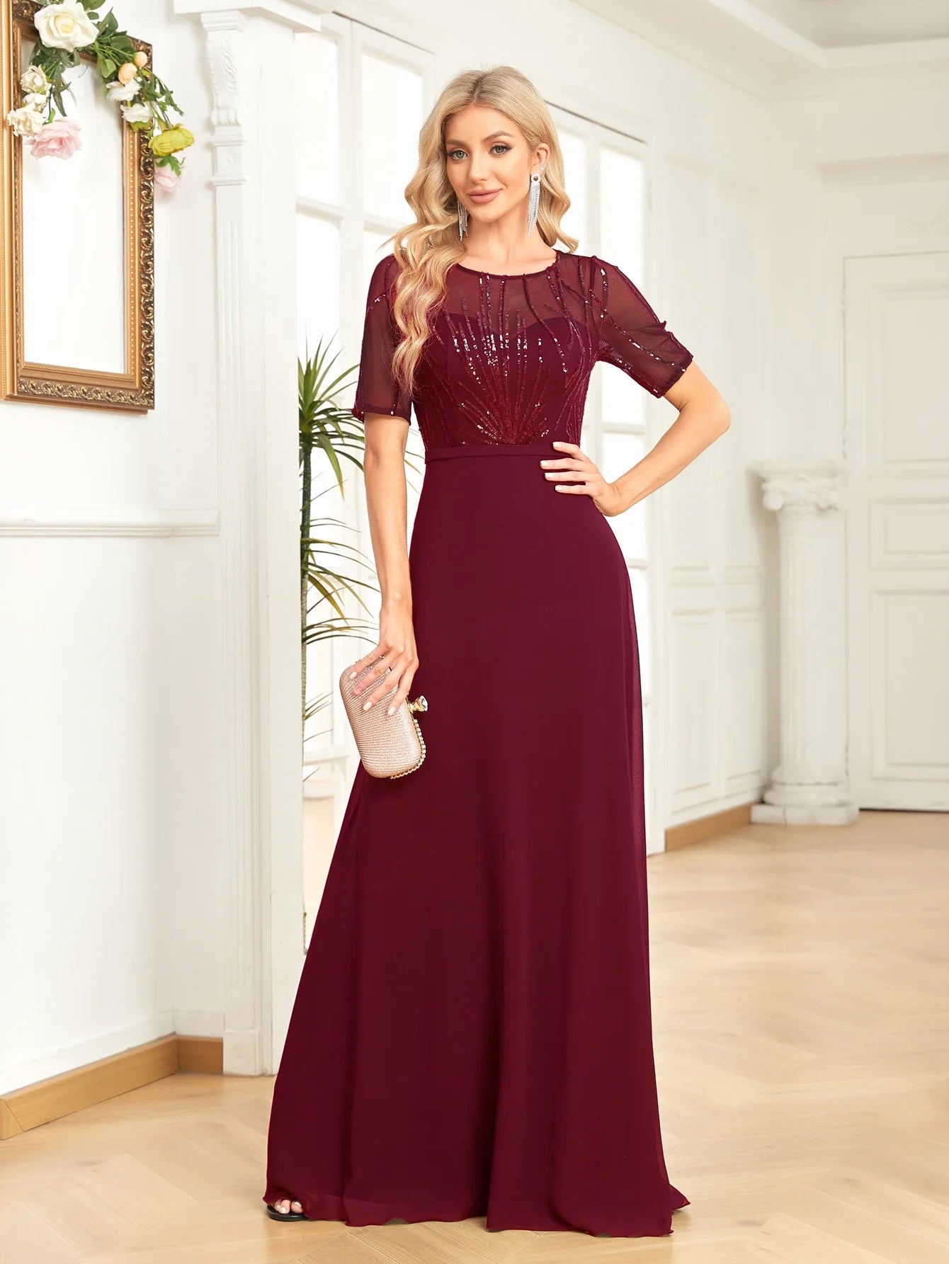 Elegant Dresses- Mesh-Sleeved A-Line Gown - Floor-Length Sequin Dress- - Pekosa Women Fashion