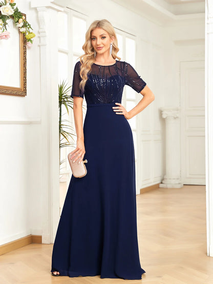 Elegant Dresses- Mesh-Sleeved A-Line Gown - Floor-Length Sequin Dress- - Pekosa Women Fashion