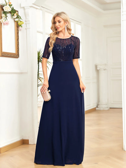 Elegant Dresses- Mesh-Sleeved A-Line Gown - Floor-Length Sequin Dress- - Pekosa Women Fashion