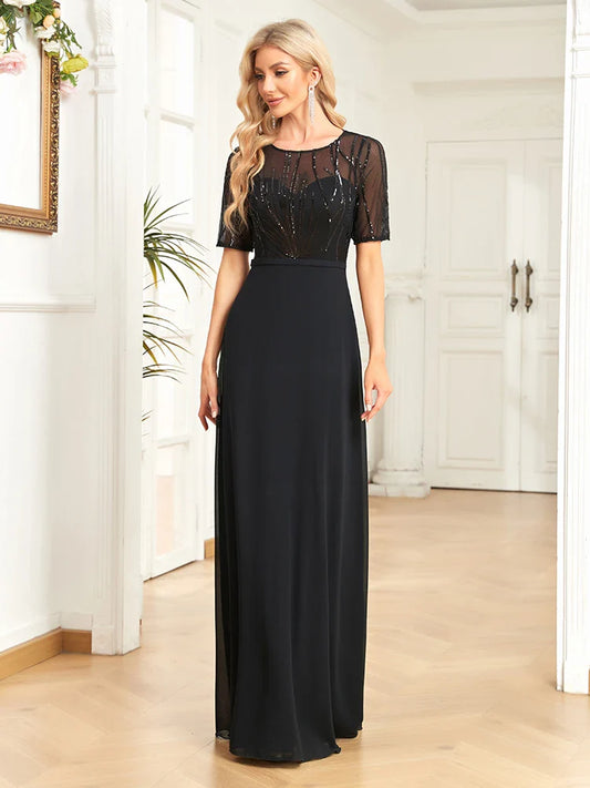 Elegant Dresses- Mesh-Sleeved A-Line Gown - Floor-Length Sequin Dress- Black- Pekosa Women Fashion
