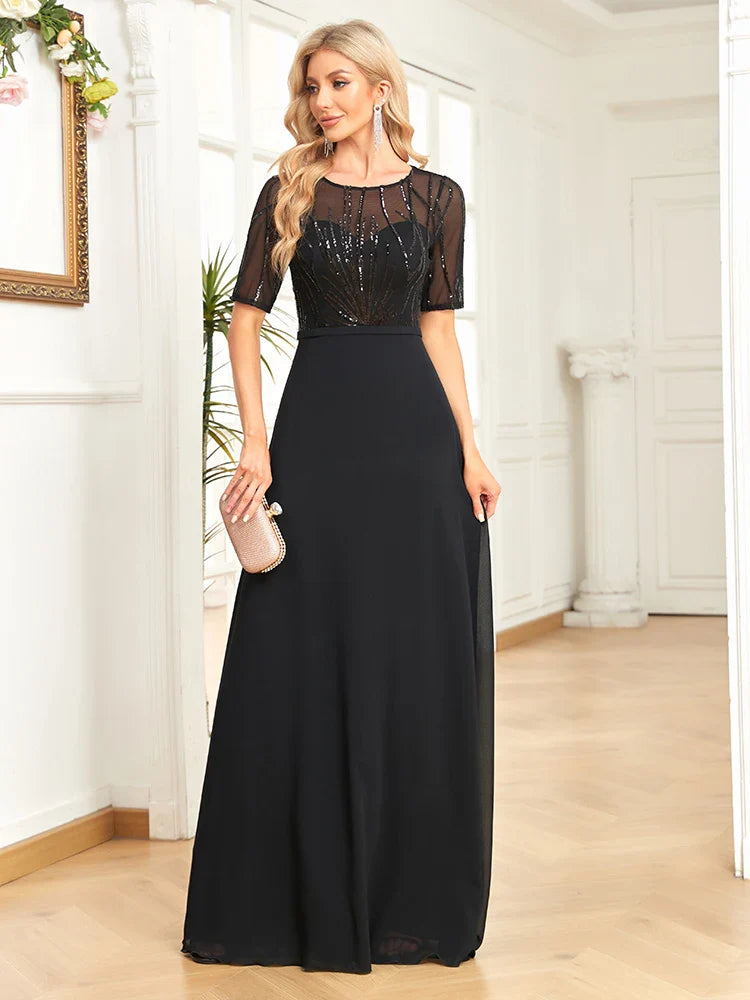 Elegant Dresses- Mesh-Sleeved A-Line Gown - Floor-Length Sequin Dress- - Pekosa Women Fashion