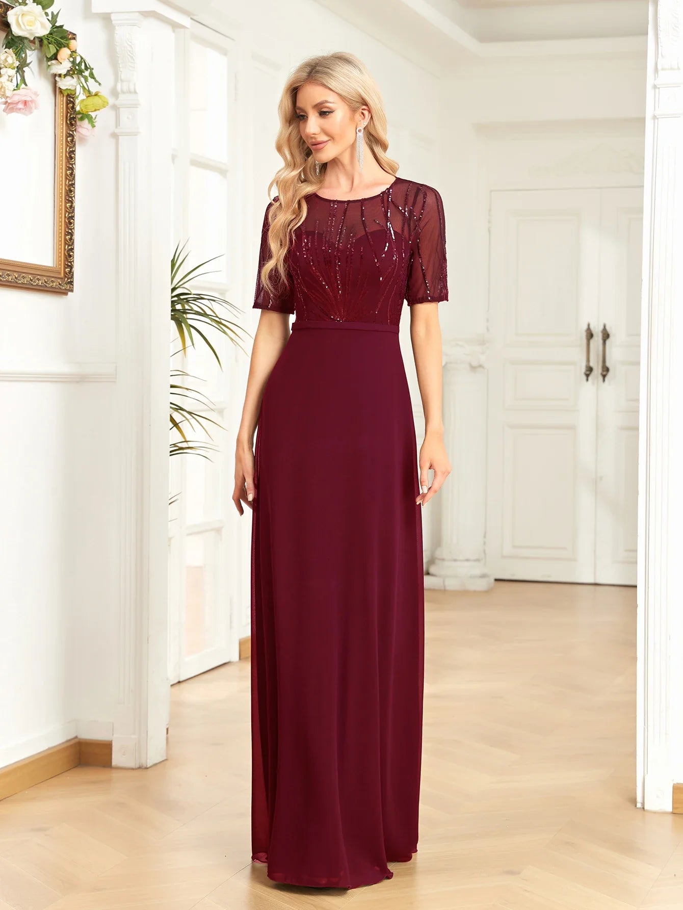 Elegant Dresses- Mesh-Sleeved A-Line Gown - Floor-Length Sequin Dress- Burgundy- Pekosa Women Fashion