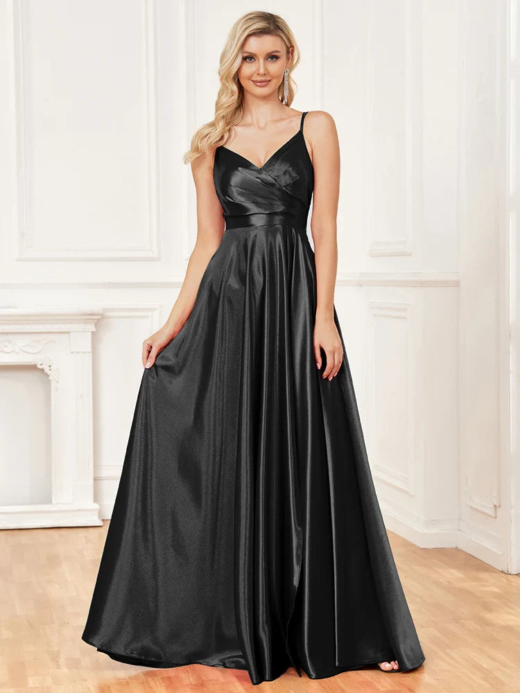 Elegant Dresses- Satin Evening Gown for Formal Events- Black- Pekosa Women Fashion