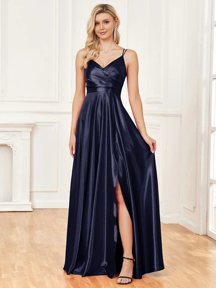 Elegant Dresses- Satin Evening Gown for Formal Events- Navy Blue- Pekosa Women Fashion