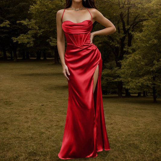 Elegant Dresses- Elegant Extravagance Satin Silk Finish Gown Dress for Gala Events- Red- Pekosa Women Fashion