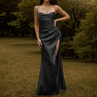 Elegant Dresses- Elegant Extravagance Satin Silk Finish Gown Dress for Gala Events- Black- Pekosa Women Fashion