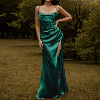 Elegant Dresses- Elegant Extravagance Satin Silk Finish Gown Dress for Gala Events- Green- Pekosa Women Fashion
