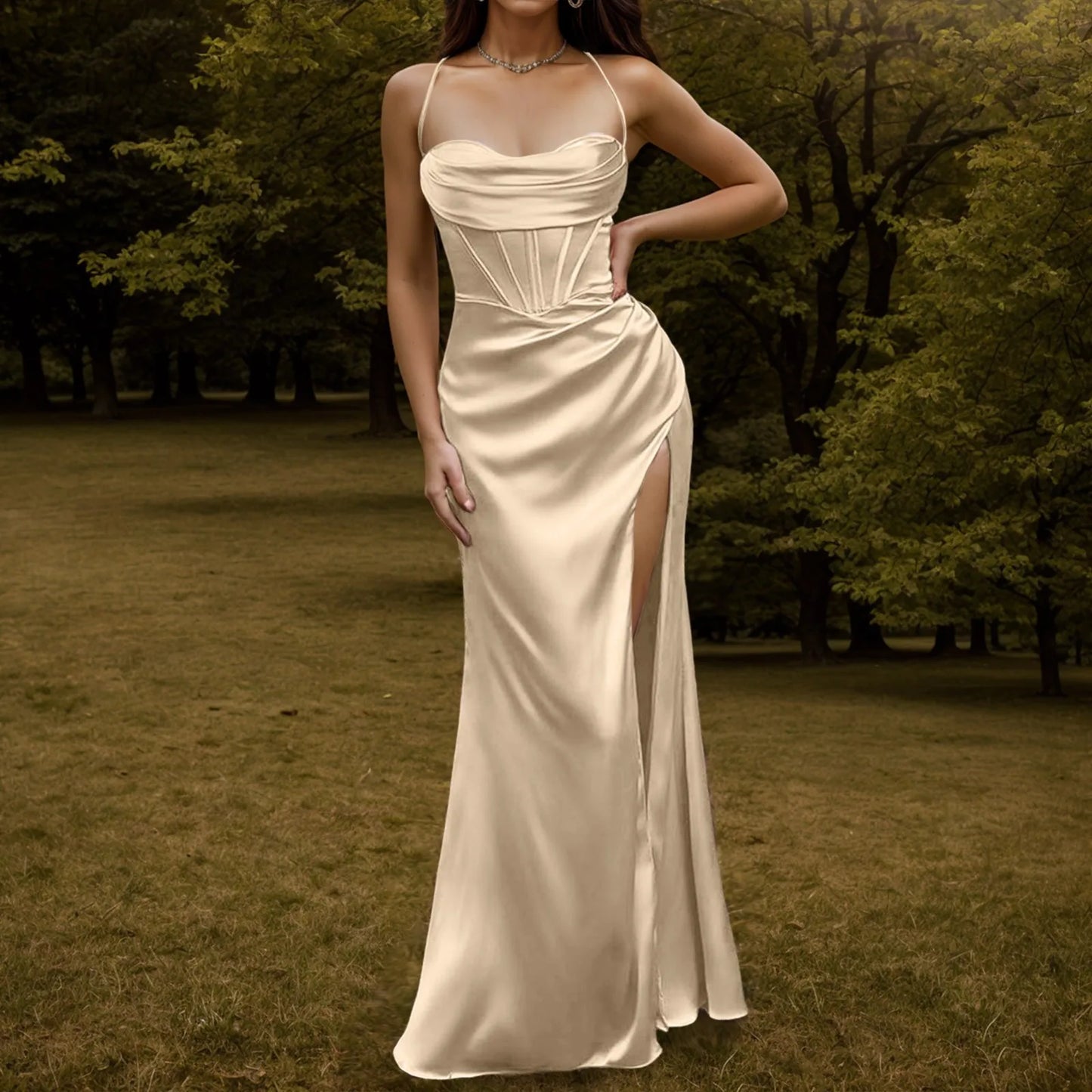 Elegant Dresses- Elegant Extravagance Satin Silk Finish Gown Dress for Gala Events- Beige- Pekosa Women Fashion