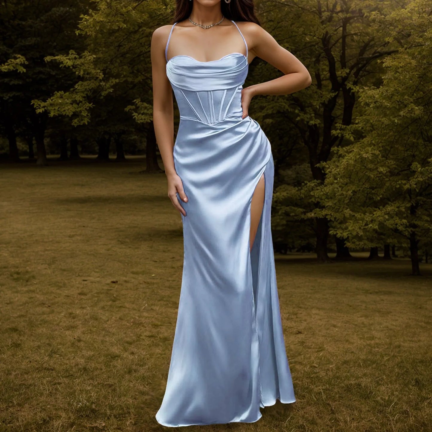 Elegant Dresses- Elegant Extravagance Satin Silk Finish Gown Dress for Gala Events- Blue- Pekosa Women Fashion
