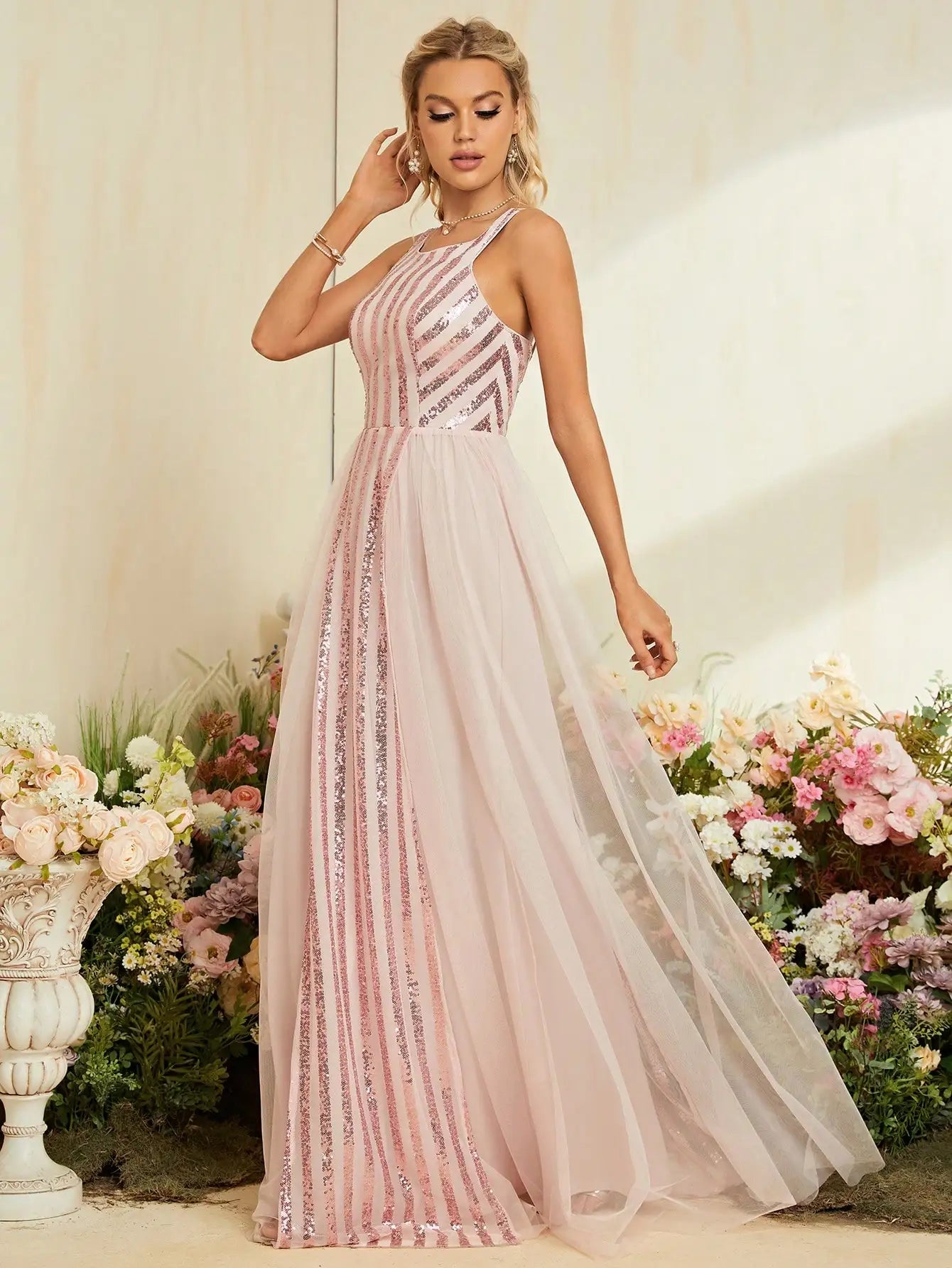 Elegant Dresses - Sequin Gown Blush Pink Tulle Dress for Elegant Weddings