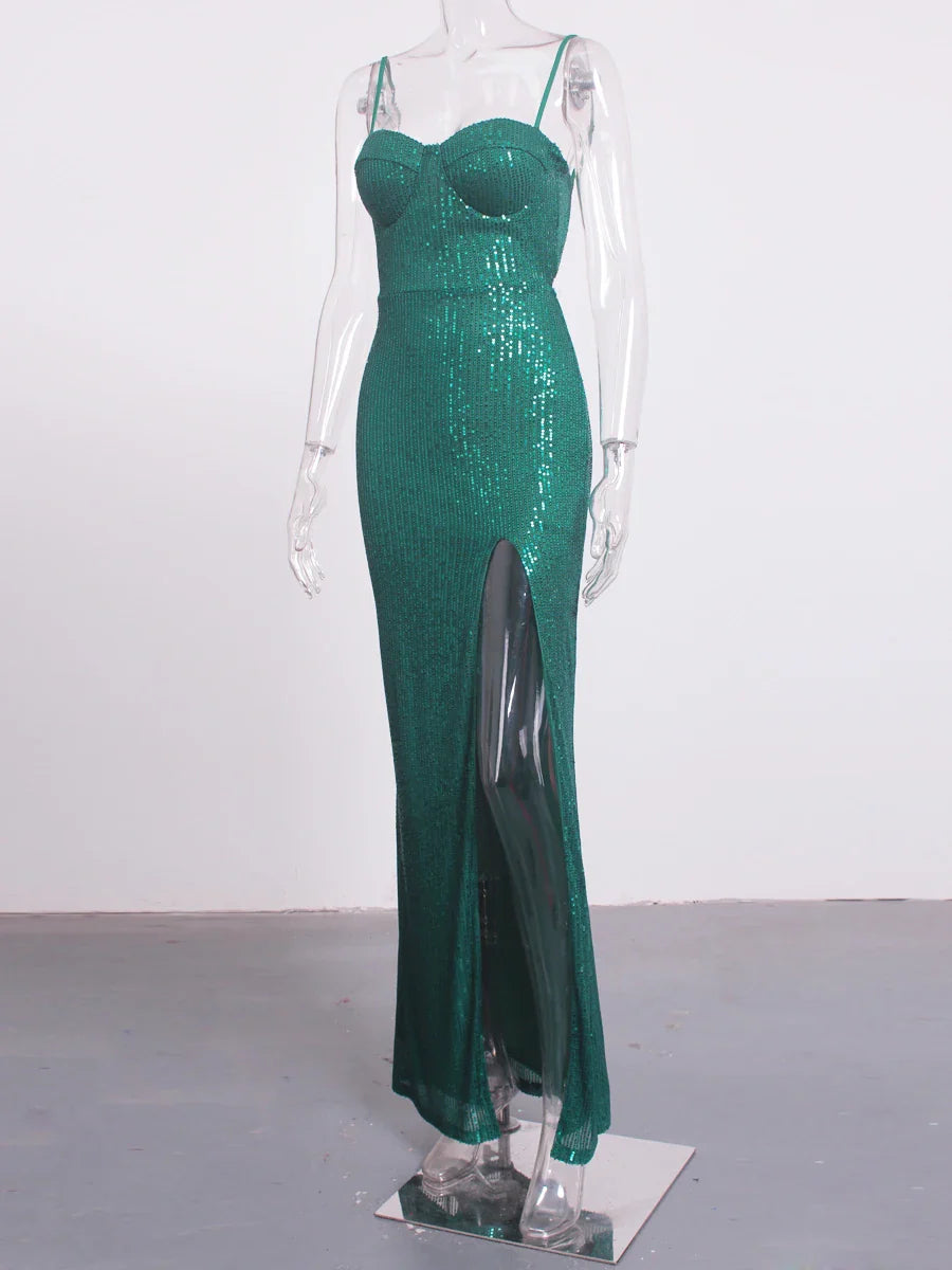 Elegant Dresses- Sequined Sweetheart Evening Gown Thigh-High Slit Dress- Green- Pekosa Women Fashion