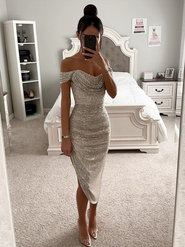 Elegant Dresses - Sparkly Party Off-Shoulder Starter Dress