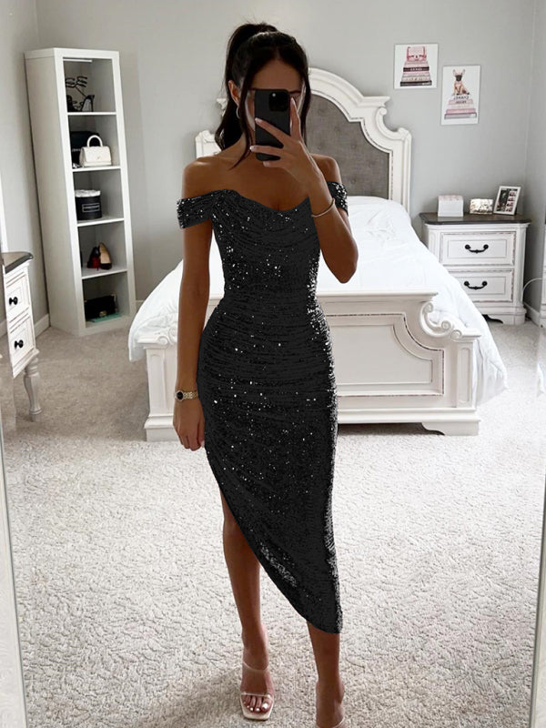 Elegant Dresses - Sparkly Party Off-Shoulder Starter Dress