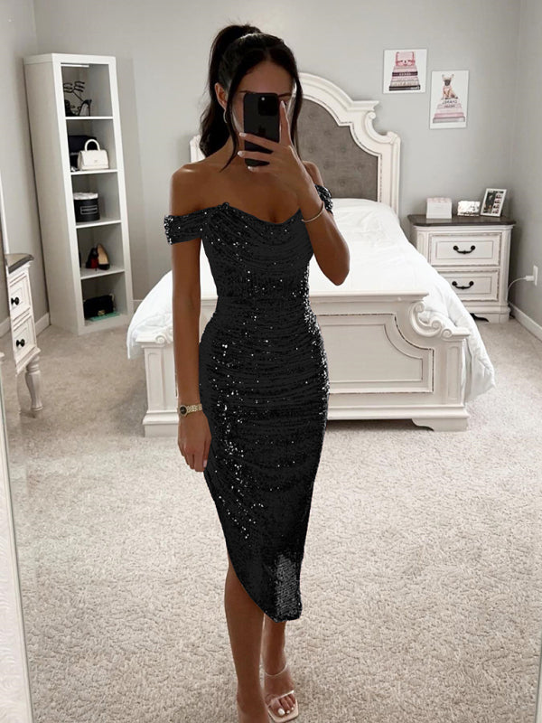 Elegant Dresses - Sparkly Party Off-Shoulder Starter Dress