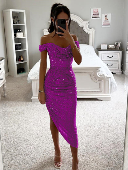 Elegant Dresses - Sparkly Party Off-Shoulder Starter Dress