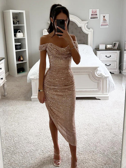 Elegant Dresses - Sparkly Party Off-Shoulder Starter Dress