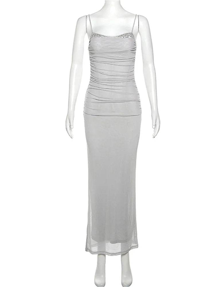 Elegant Dresses- Mesh Square-Neck Evening Gown Dress for Formal Occasions- - Pekosa Women Fashion