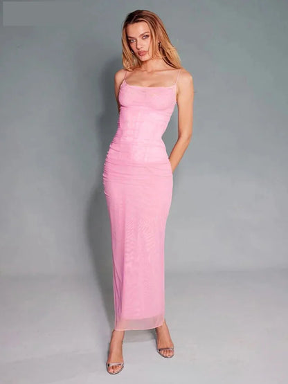 Elegant Dresses- Mesh Square-Neck Evening Gown Dress for Formal Occasions- Pink- Pekosa Women Fashion