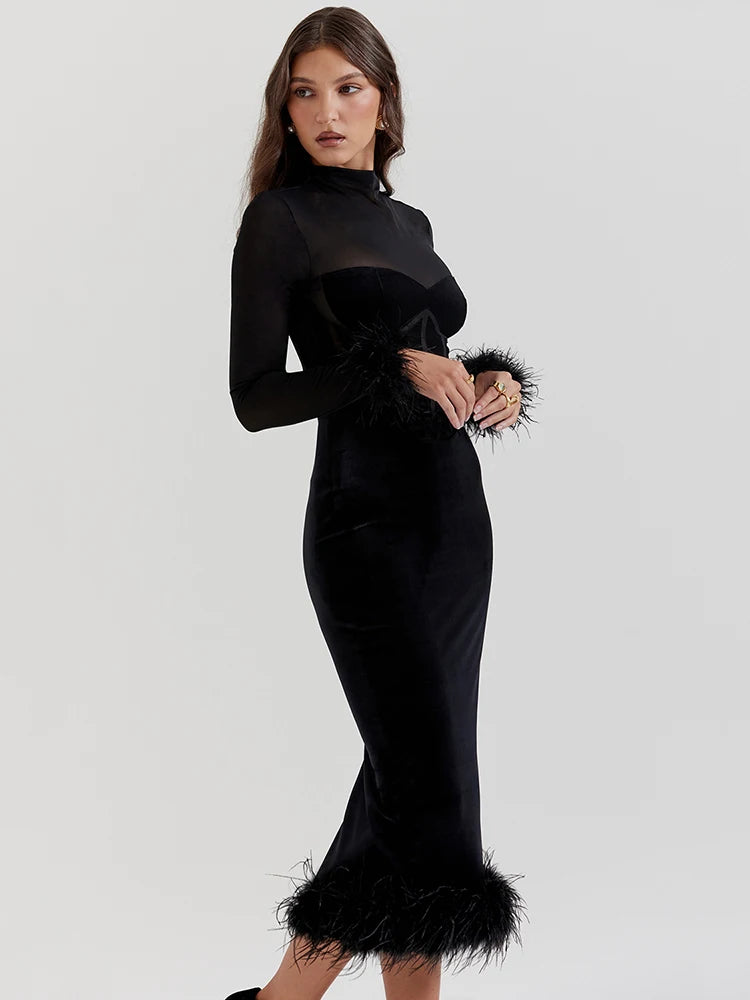 Elegant Dresses - Velvet Feather-Trim Midi Dress Cocktail Gown