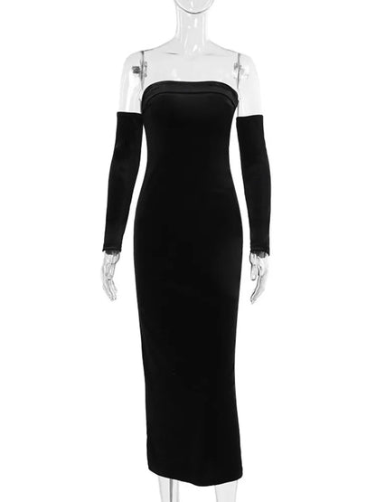 Elegant Dresses- Versatile Velvet Evening Midi Dress with Detachable Sleeves