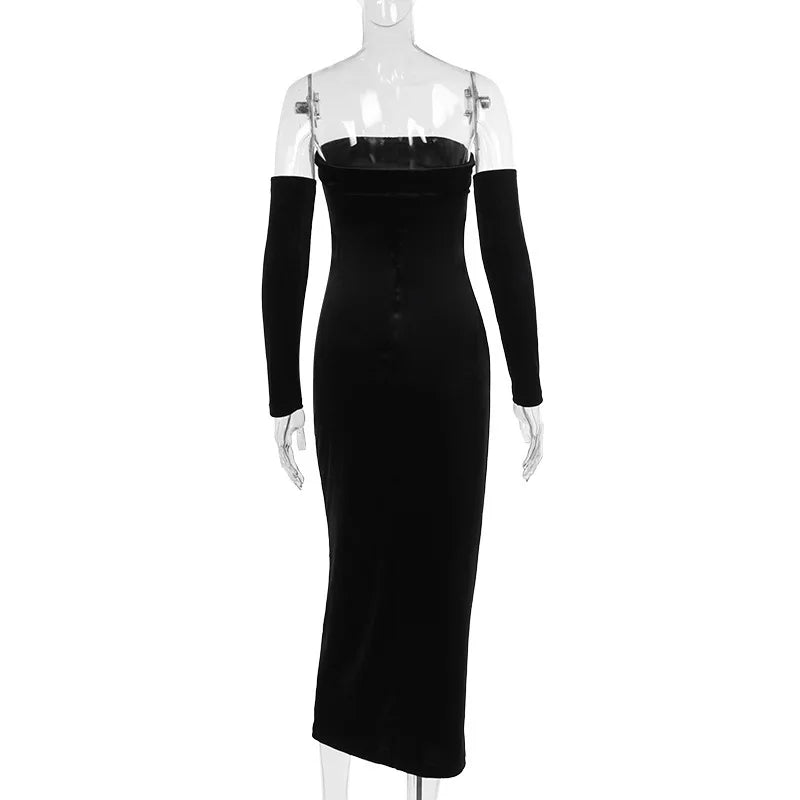 Elegant Dresses- Versatile Velvet Evening Midi Dress with Detachable Sleeves