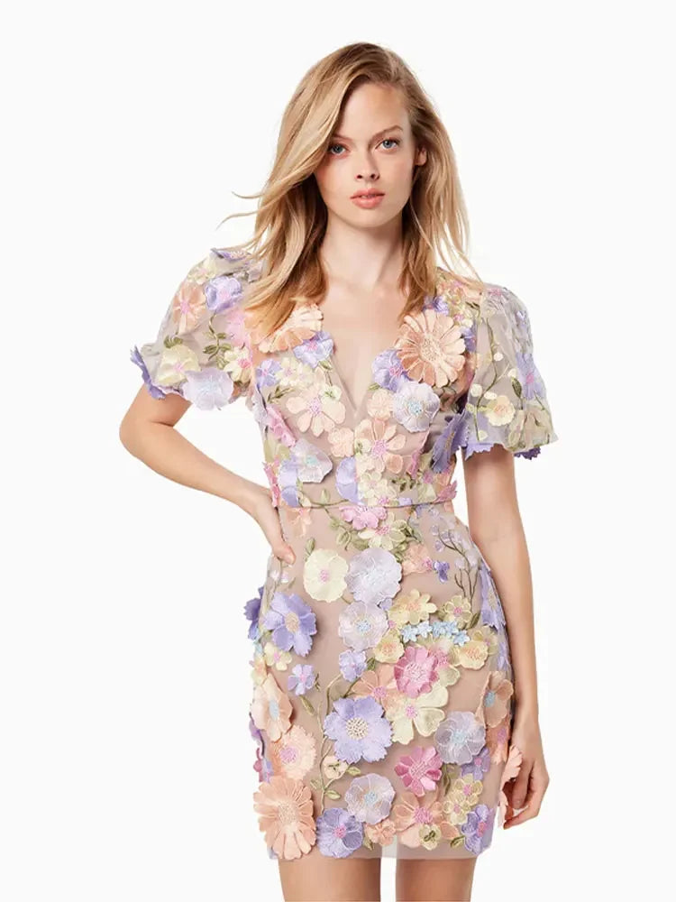 Elegant Dresses- Wedding Guest Attire Flowers Appliqué Mini Dress with Puff Sleeves- Purple- Pekosa Women Fashion