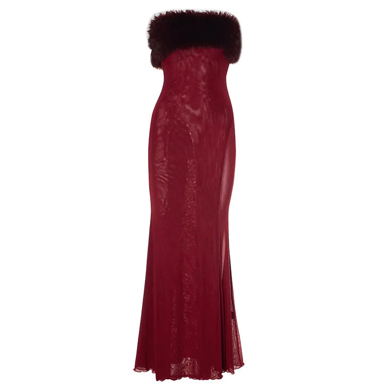 Elegant Dresses - Winter Mesh Mermaid Dress Fur-Trimmed Evening Elegant Dress