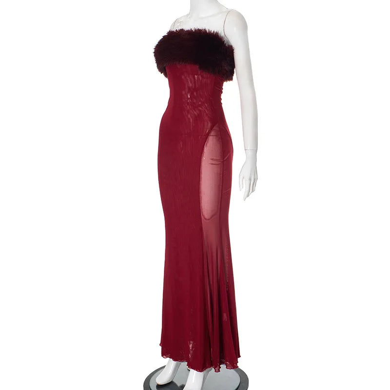 Elegant Dresses - Winter Mesh Mermaid Dress Fur-Trimmed Evening Elegant Dress